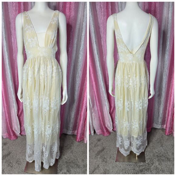 Bohemian Beige Floral Lace Lined Maxi Dress Size Small - Picture 1 of 15